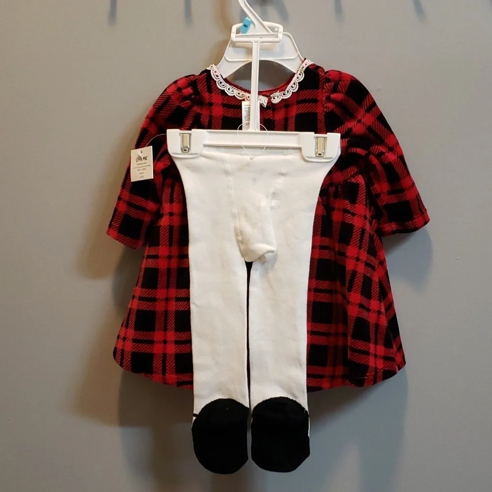 Little Me NWT Red and Black Plaid Dress with Lace/Bow Trim and Tights